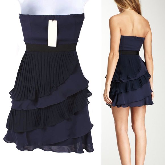 MM COUTURE Navy Blue Chiffon Ruffle Pleated Strapless Party Dress NWT Size S - Picture 3 of 4